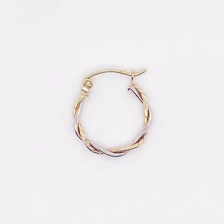 Mini Twisted Hoop Earrings, 14K Yellow-White Gold Two Tone Hoops