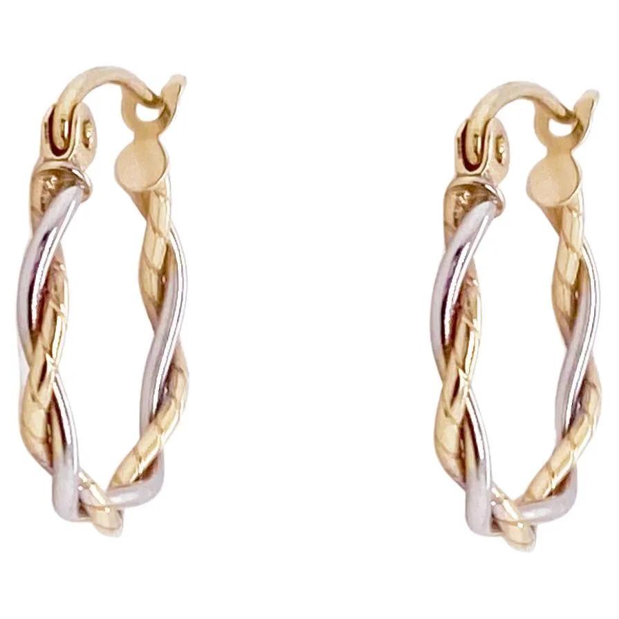 Mini Twisted Hoop Earrings, 14K Yellow-White Gold Two Tone Hoops