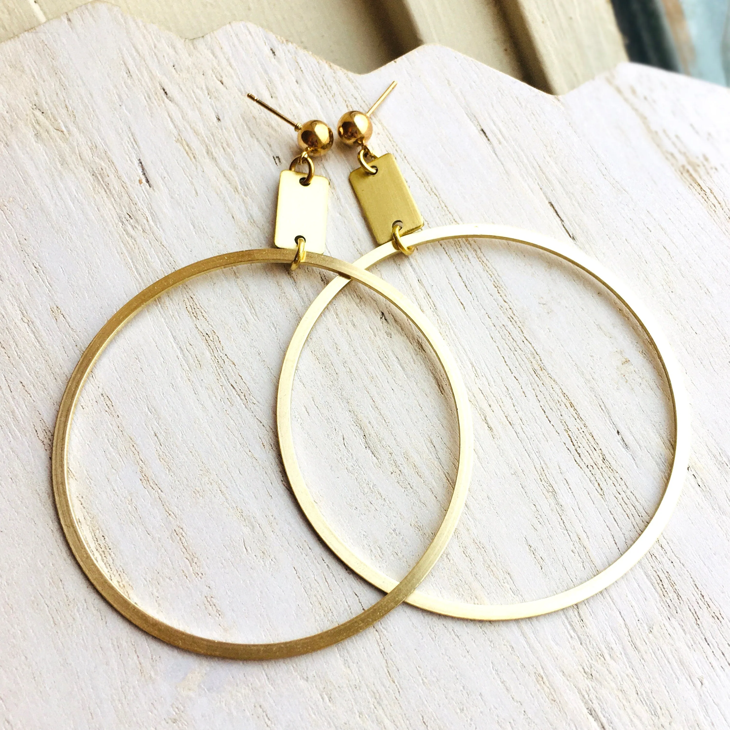 Modern Big Hoop Earrings - Bright Brushed Brass Finish - Nickel Free - Ready To Ship