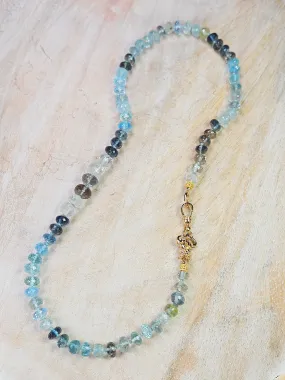 Moss Aquamarine Faceted Gemstone Bead Necklace with 18K Yellow Gold Antique Inspired Hand Fist Clasp 17"