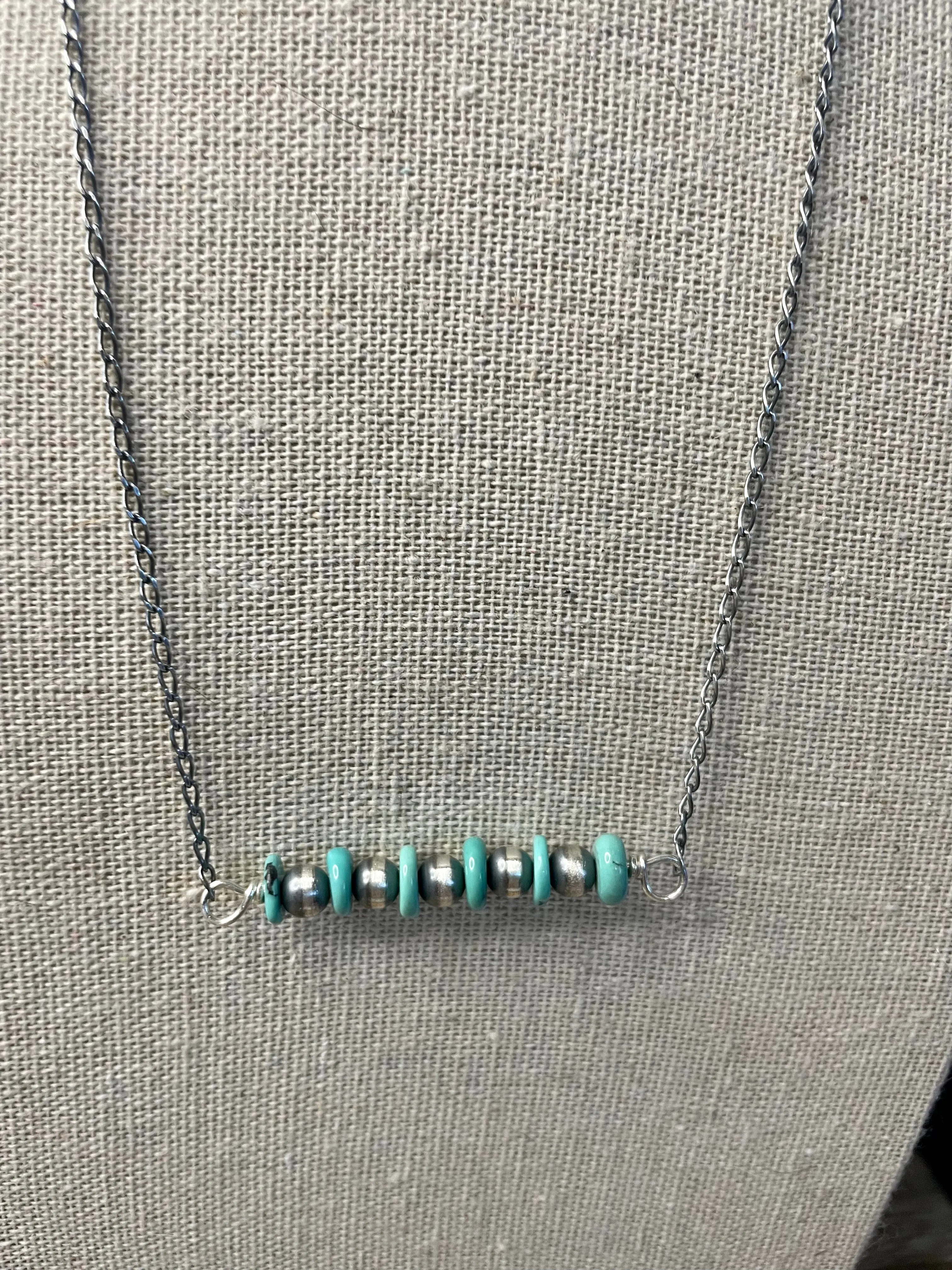 Navajo Sterling Silver And Turquoise Beaded Necklace 16 inch