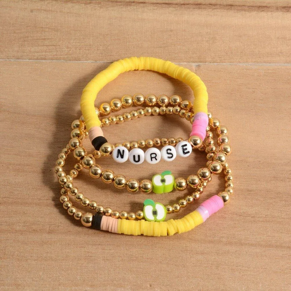 Personalized Teacher Pencil Apple Bracelet Set