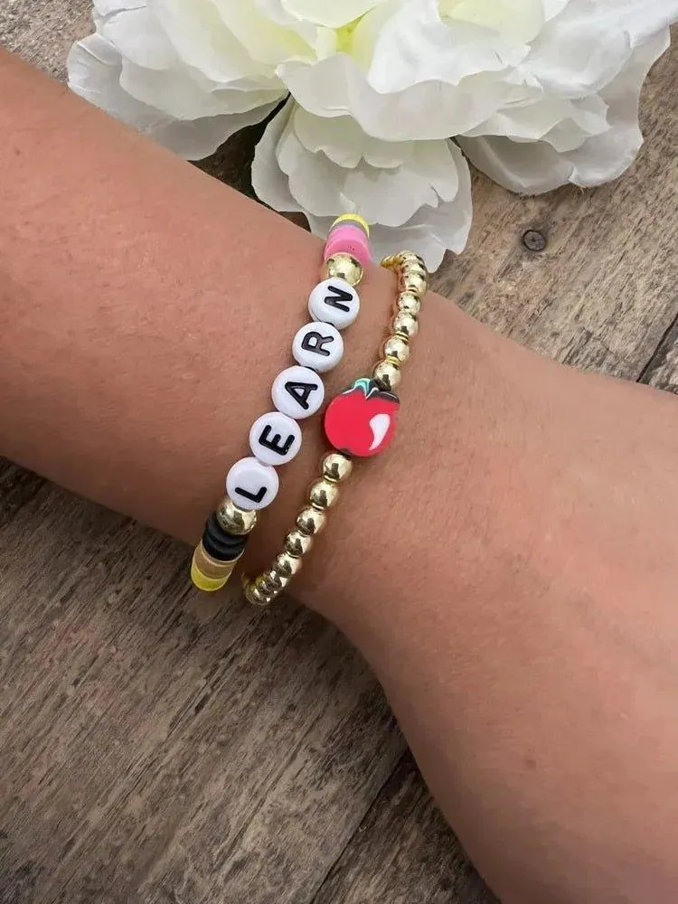 Personalized Teacher Pencil Apple Bracelet Set