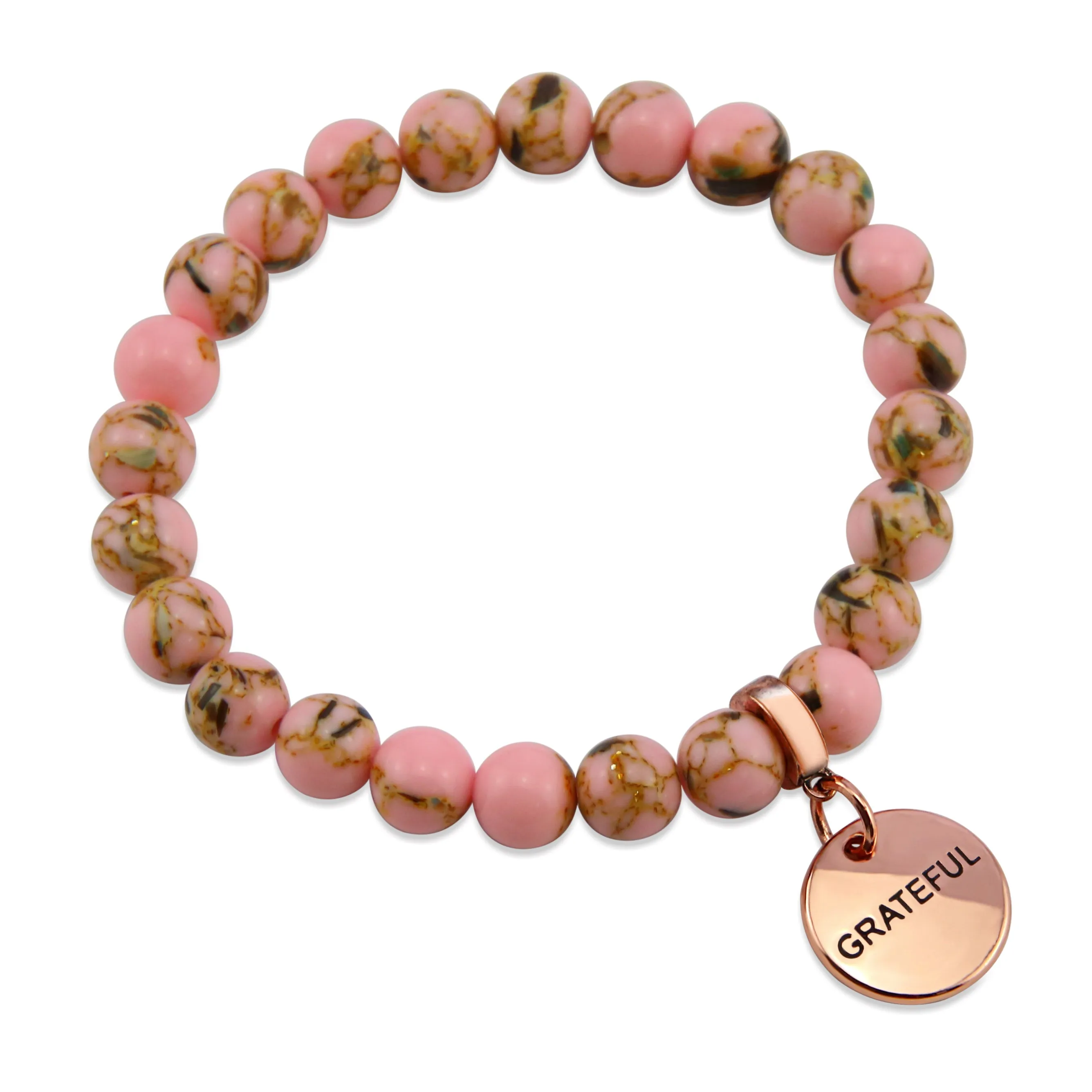 PINK COLLECTION - Soft Pink Synthesis 8mm Bead Bracelet  -  Rose Gold Word Charms