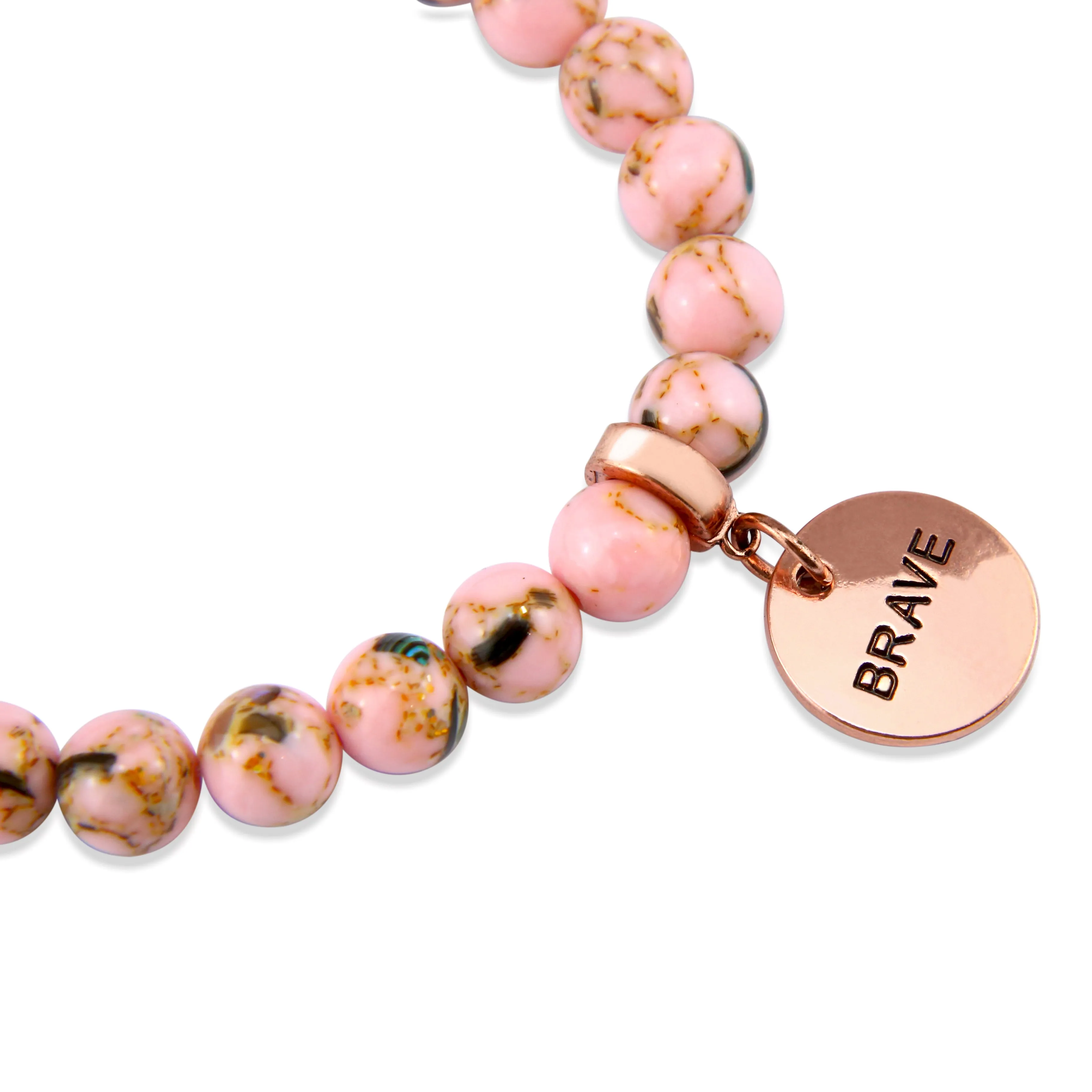 PINK COLLECTION - Soft Pink Synthesis 8mm Bead Bracelet  -  Rose Gold Word Charms