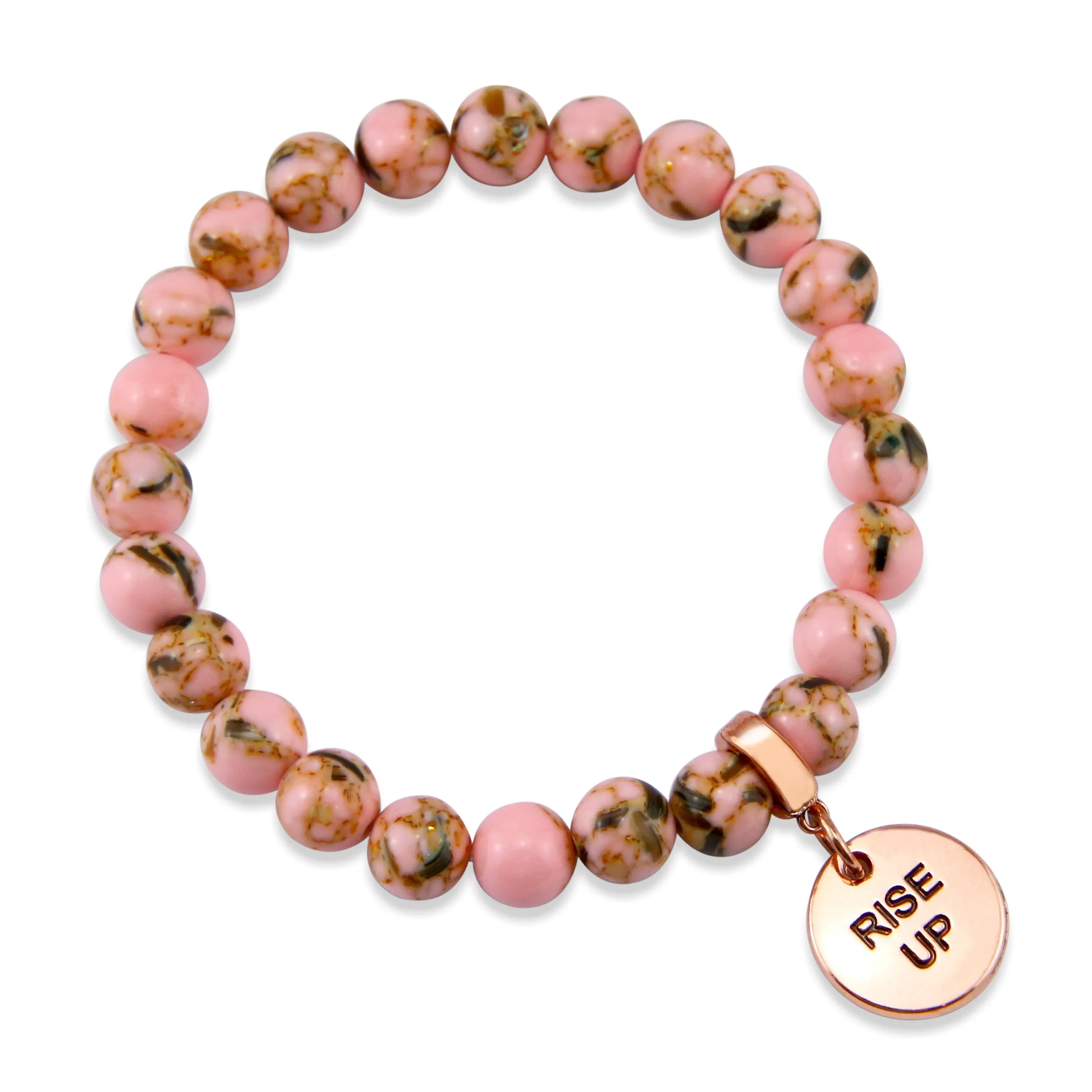 PINK COLLECTION - Soft Pink Synthesis 8mm Bead Bracelet  -  Rose Gold Word Charms