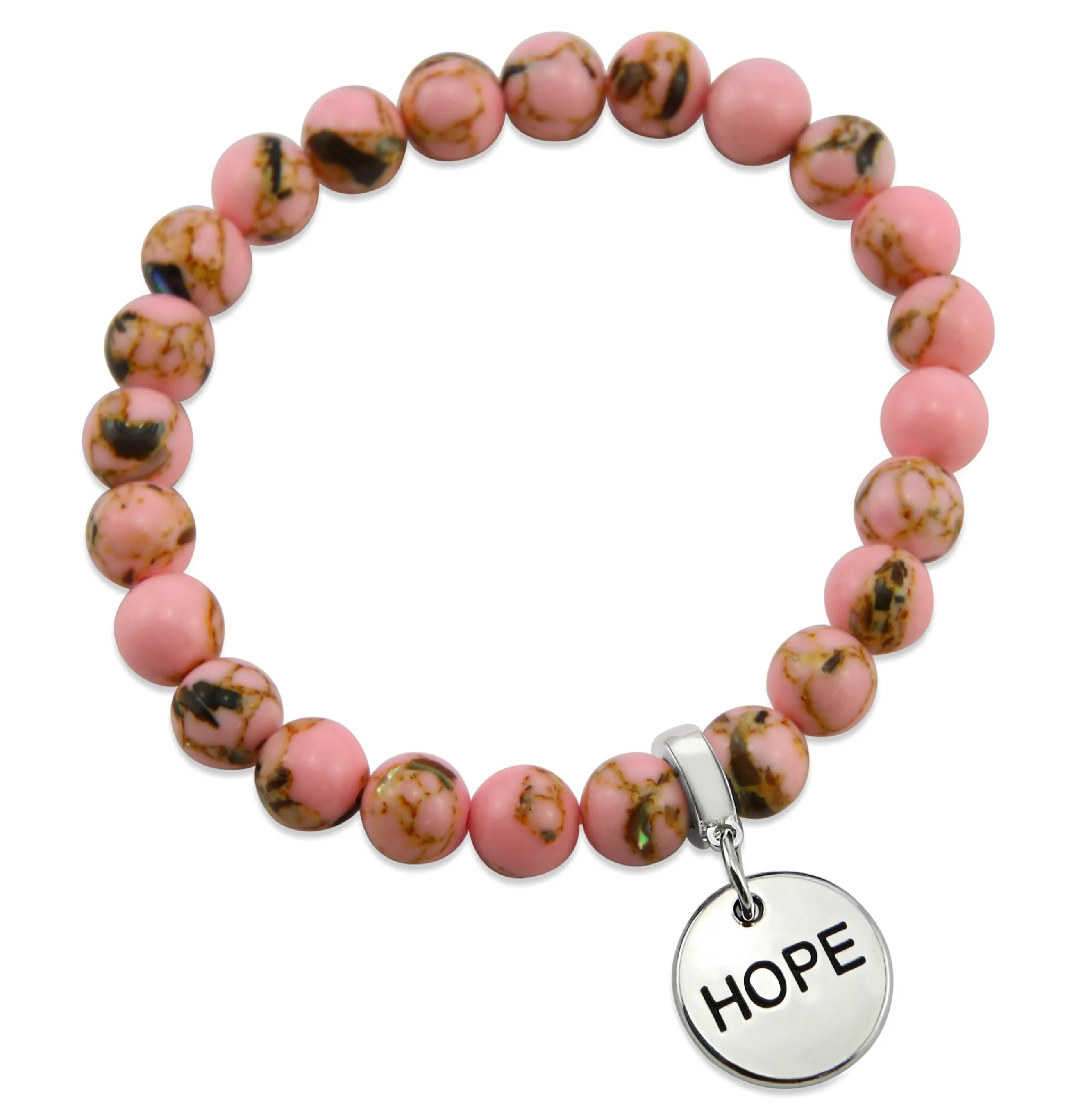 PINK COLLECTION - Soft Pink Synthesis 8mm Bead Bracelet  -  Silver Word Charms