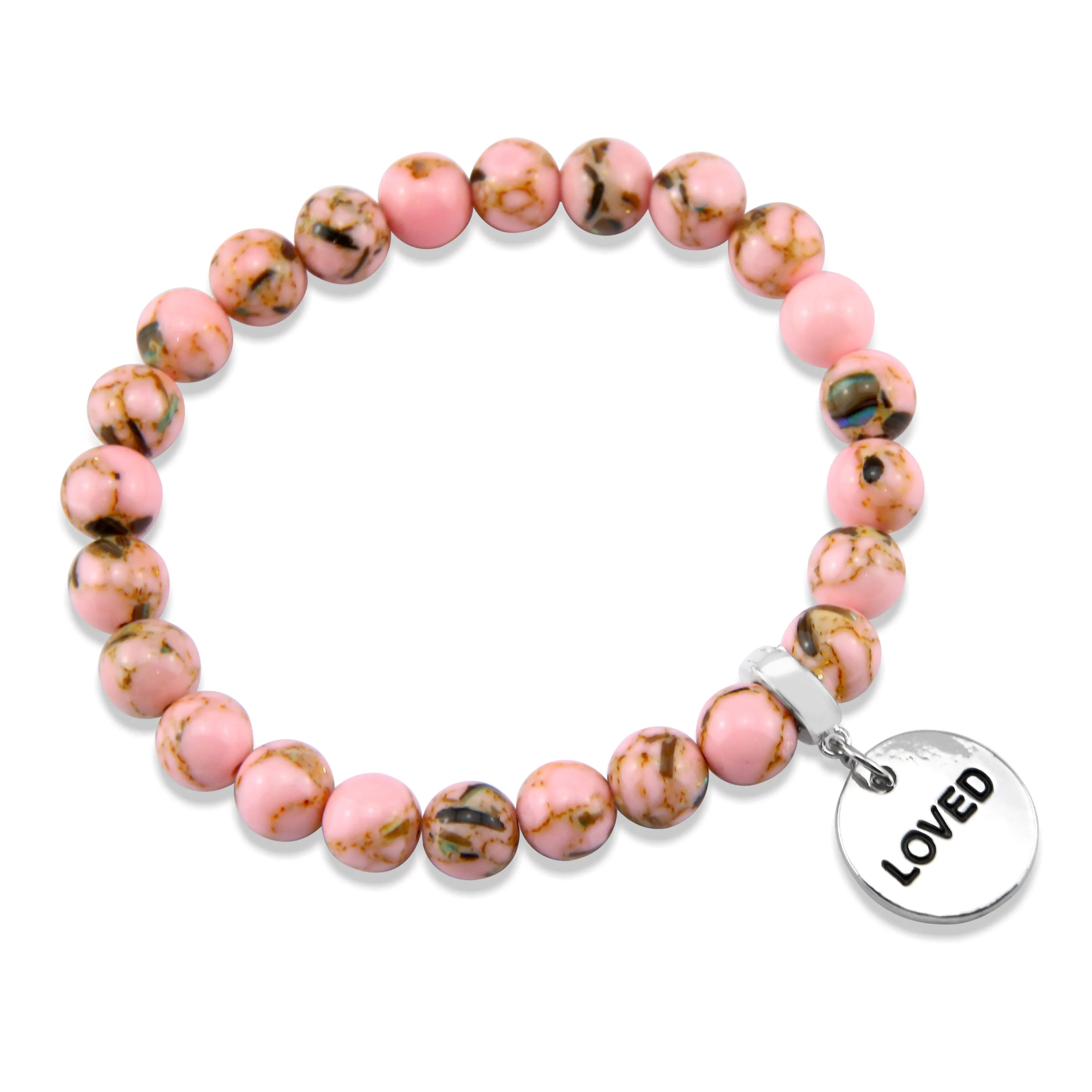 PINK COLLECTION - Soft Pink Synthesis 8mm Bead Bracelet  -  Silver Word Charms