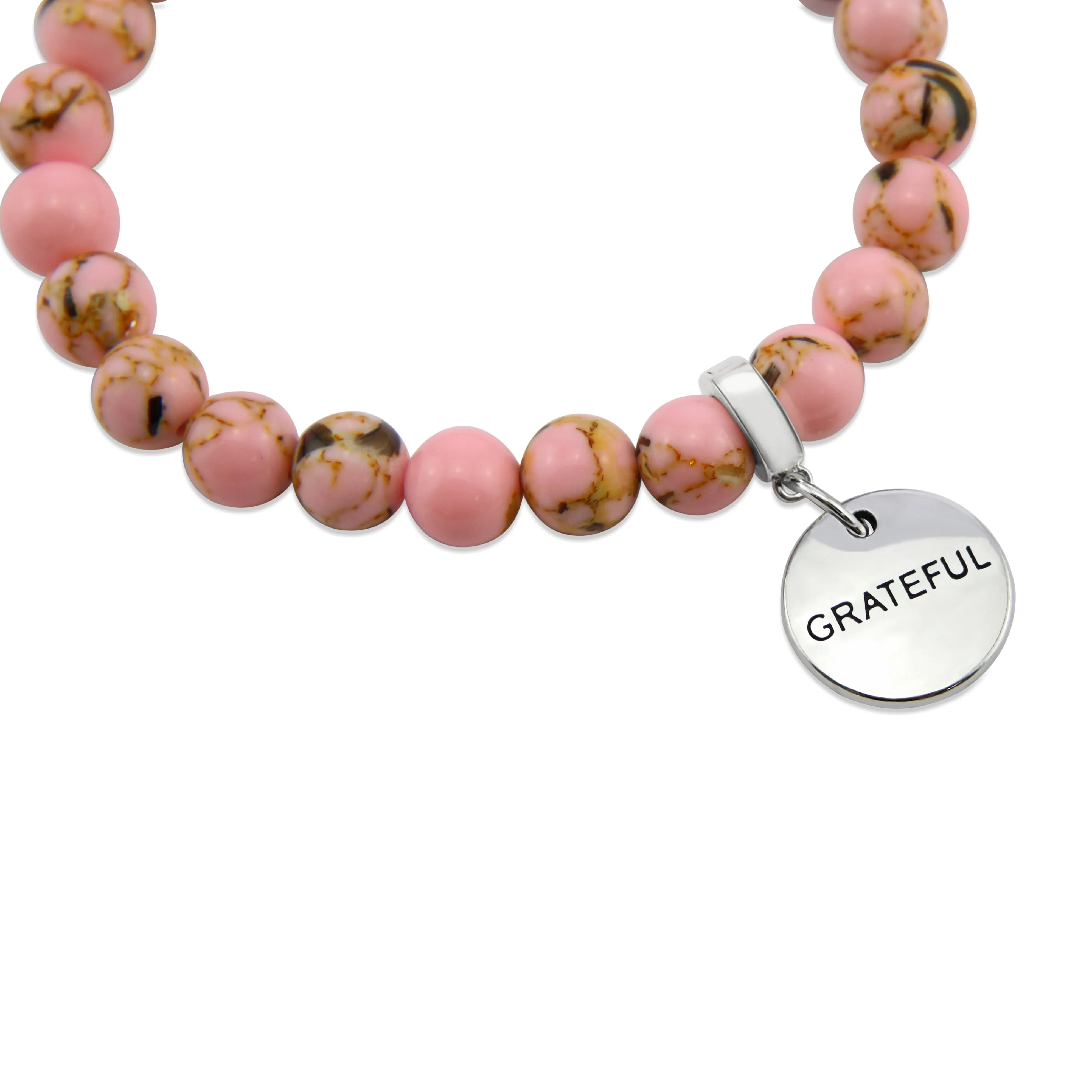 PINK COLLECTION - Soft Pink Synthesis 8mm Bead Bracelet  -  Silver Word Charms