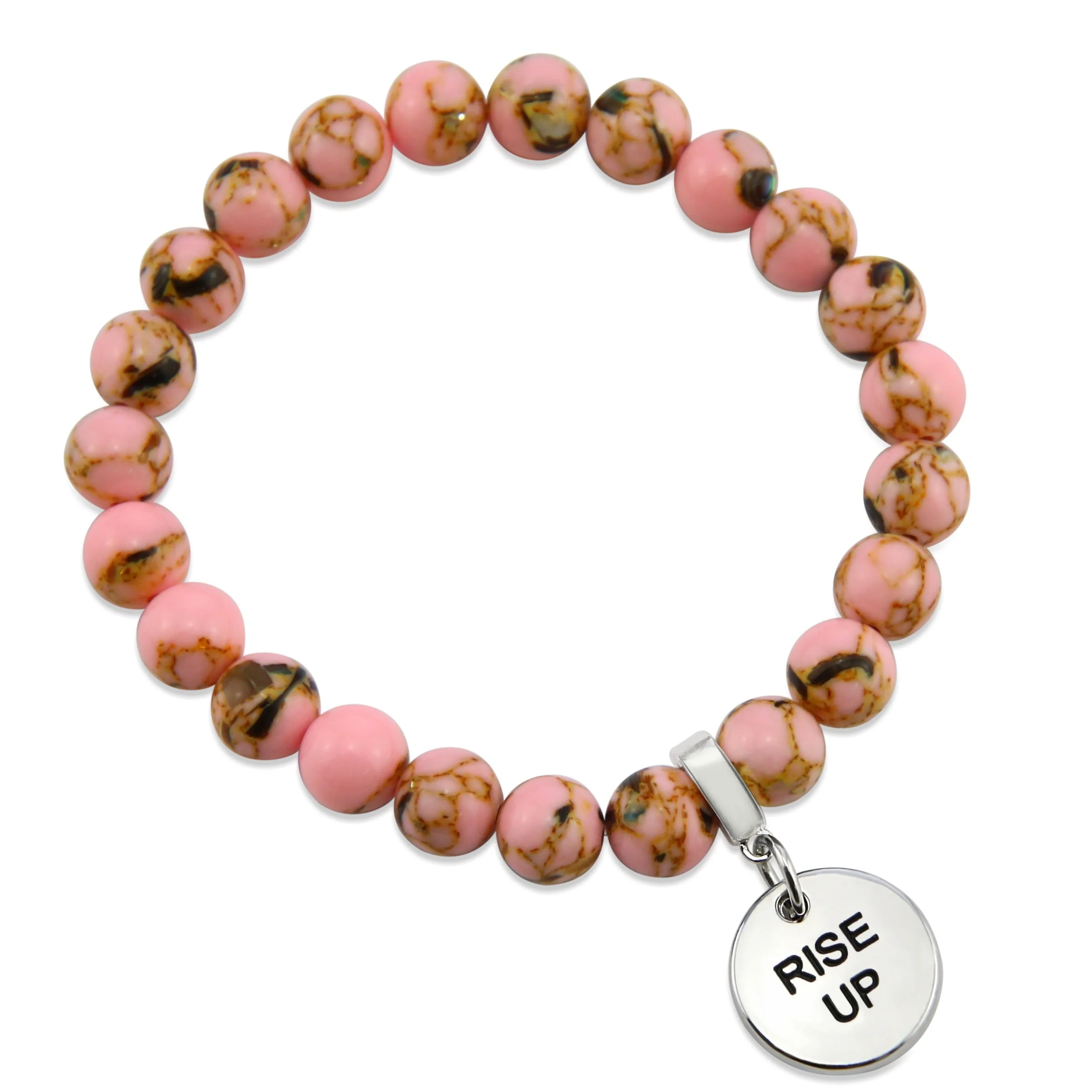 PINK COLLECTION - Soft Pink Synthesis 8mm Bead Bracelet  -  Silver Word Charms