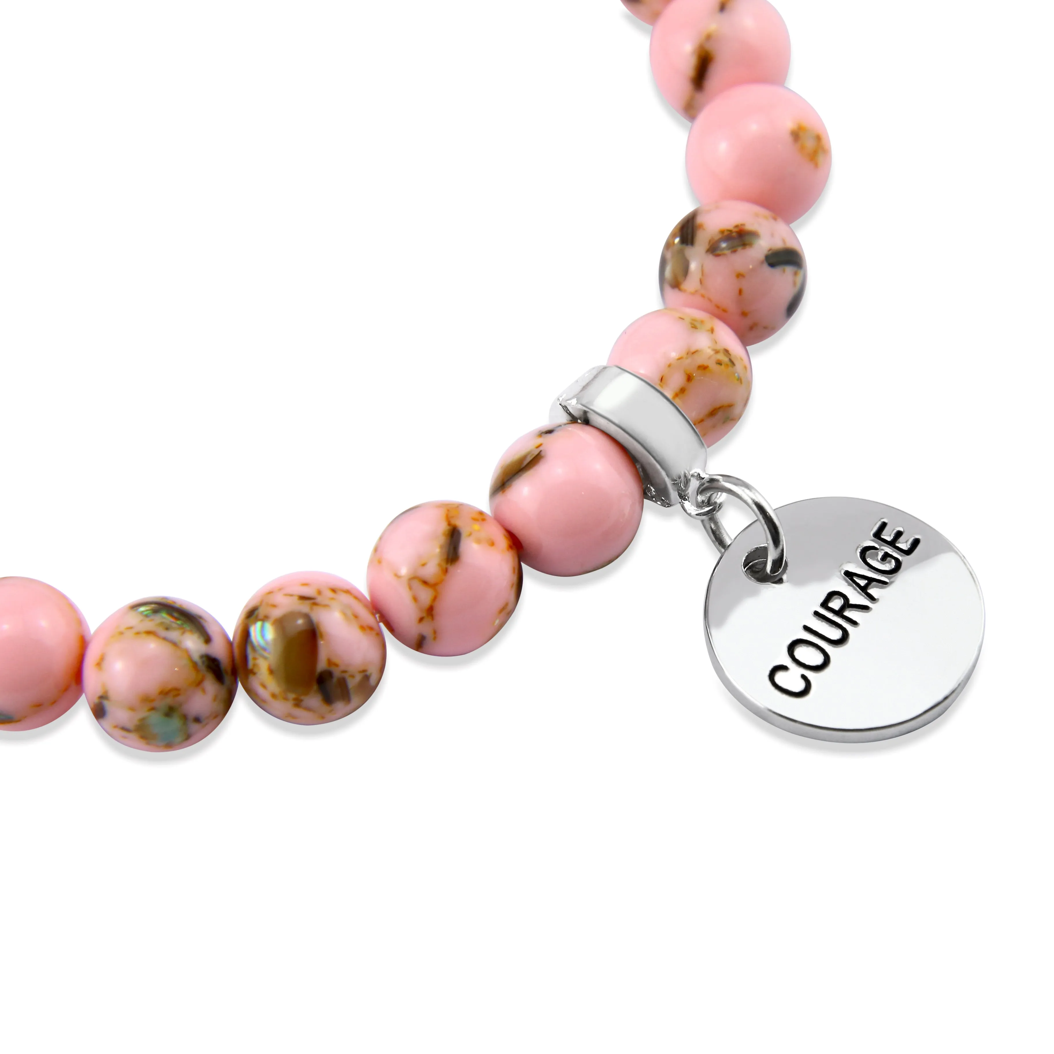 PINK COLLECTION - Soft Pink Synthesis 8mm Bead Bracelet  -  Silver Word Charms