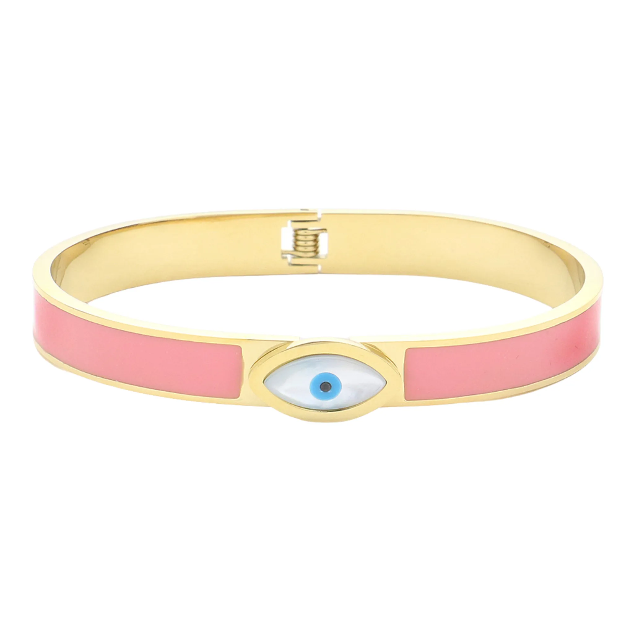 Pink Geometric Evil Eye Accented Stainless Steel Hinged Bracelet