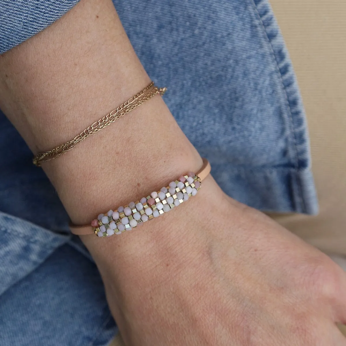 Pink Opal & Gold Hematite Cubes Bracelet