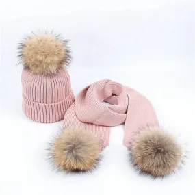 Pink Pom-Pom Hat & Cashmere Fur Scarf Set