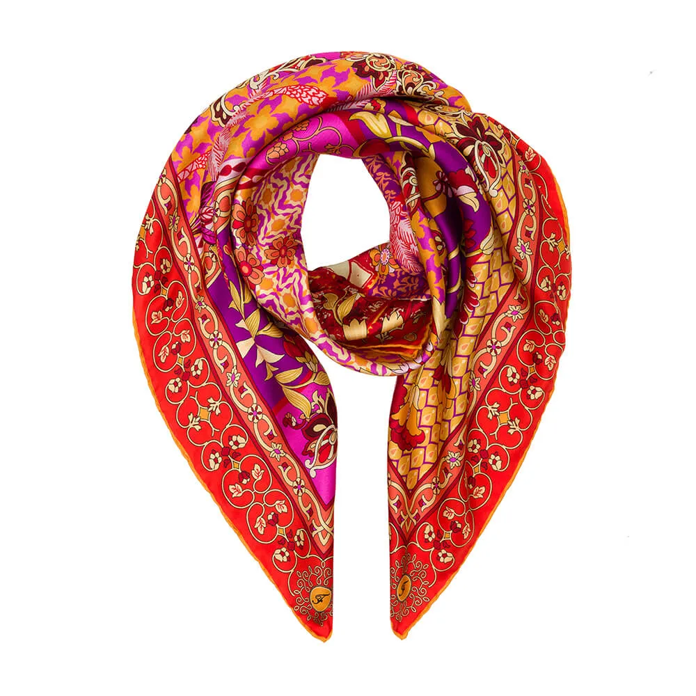 Porta Catania Porta Messina Orange and Pink Silk Twill Scarf and Ring