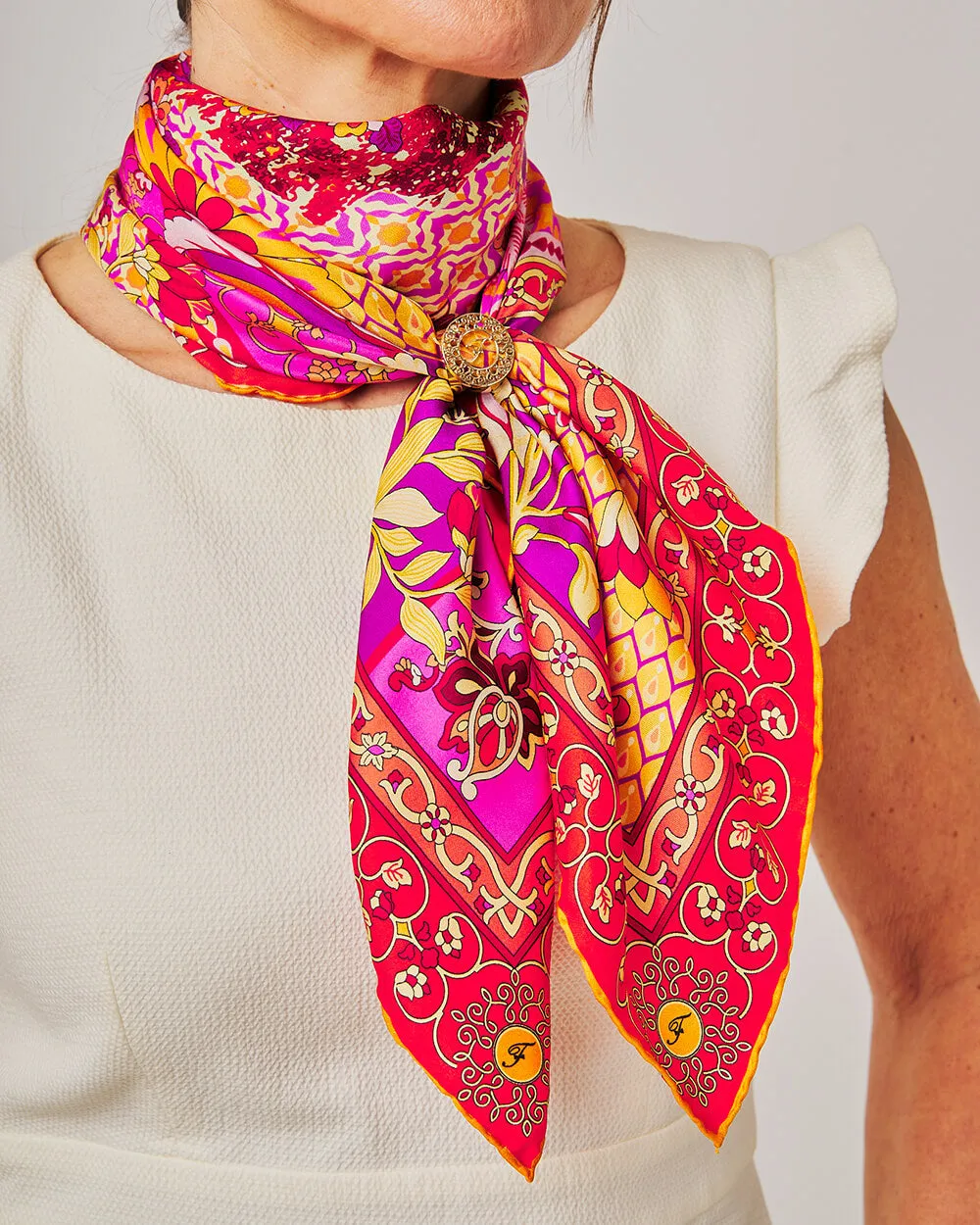 Porta Catania Porta Messina Orange and Pink Silk Twill Scarf and Ring