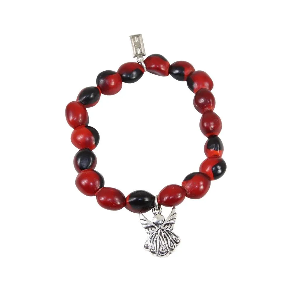 Protection Guardian Angel Charm Stretchy Bracelet w/Meaningful Good Luck Huayruro Seeds