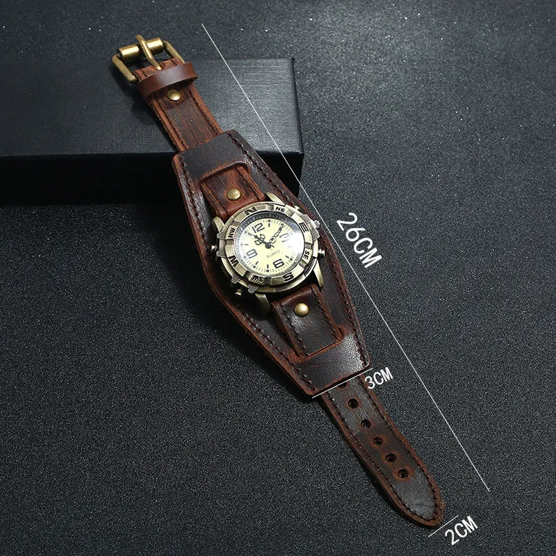 Punk Retro Leather Watch Bracelet All-Match Fashion Men and Women Punk Hip Hop Cattle Leather Bracelet