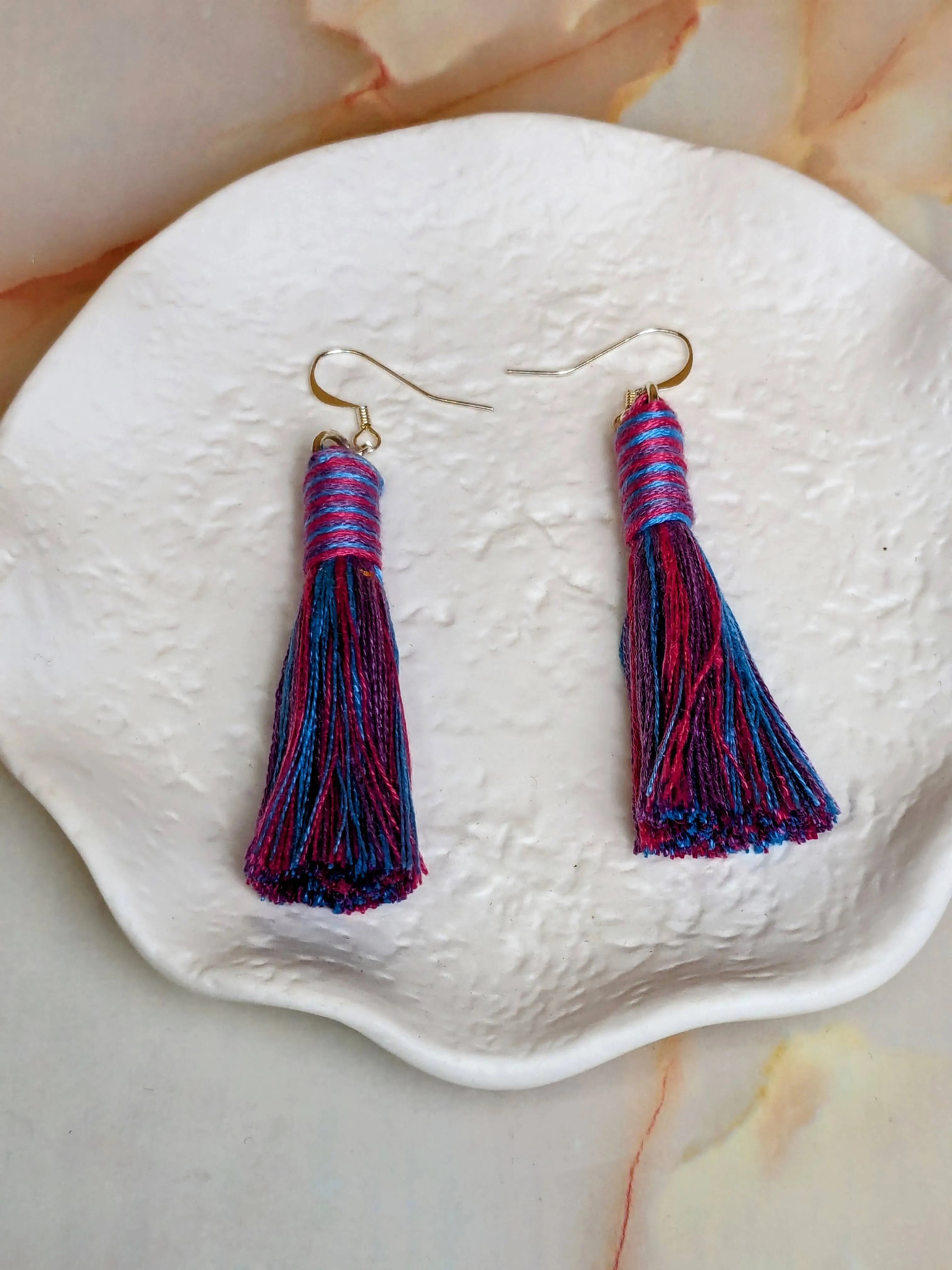 "Mya" Purple, Pink & Turquoise with 3 colour wrap Tassel Earrings