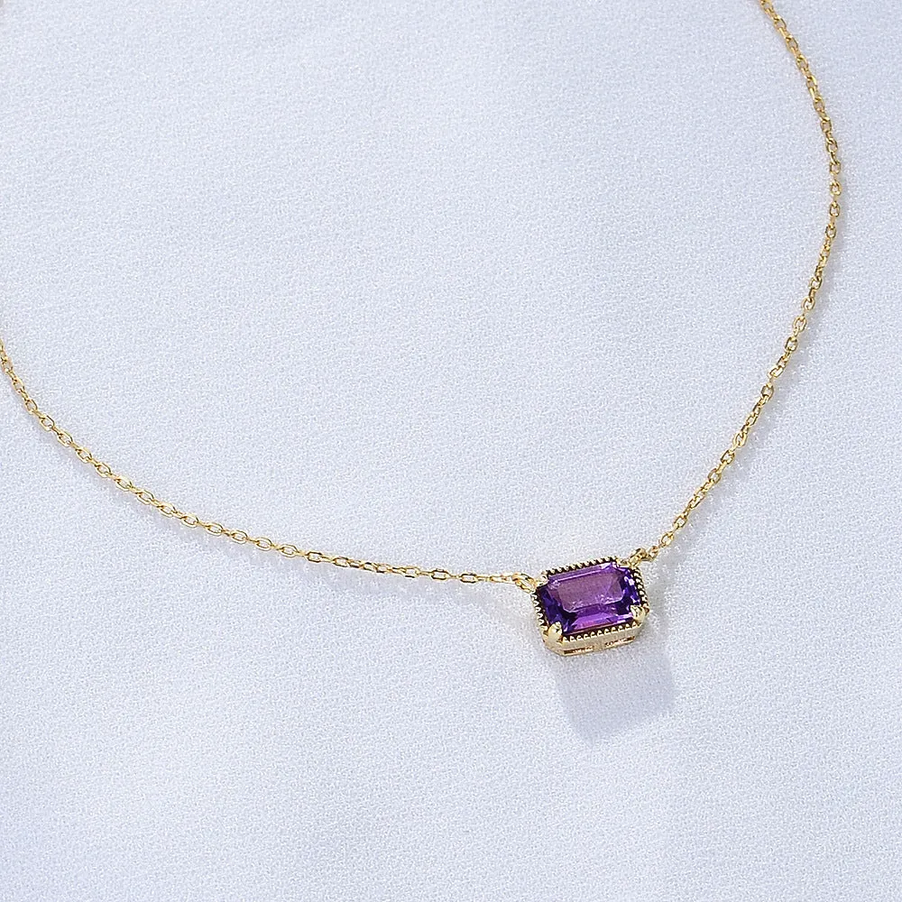 Rectangular Natural Amethyst Pendant Sterling Silver Necklace for Women