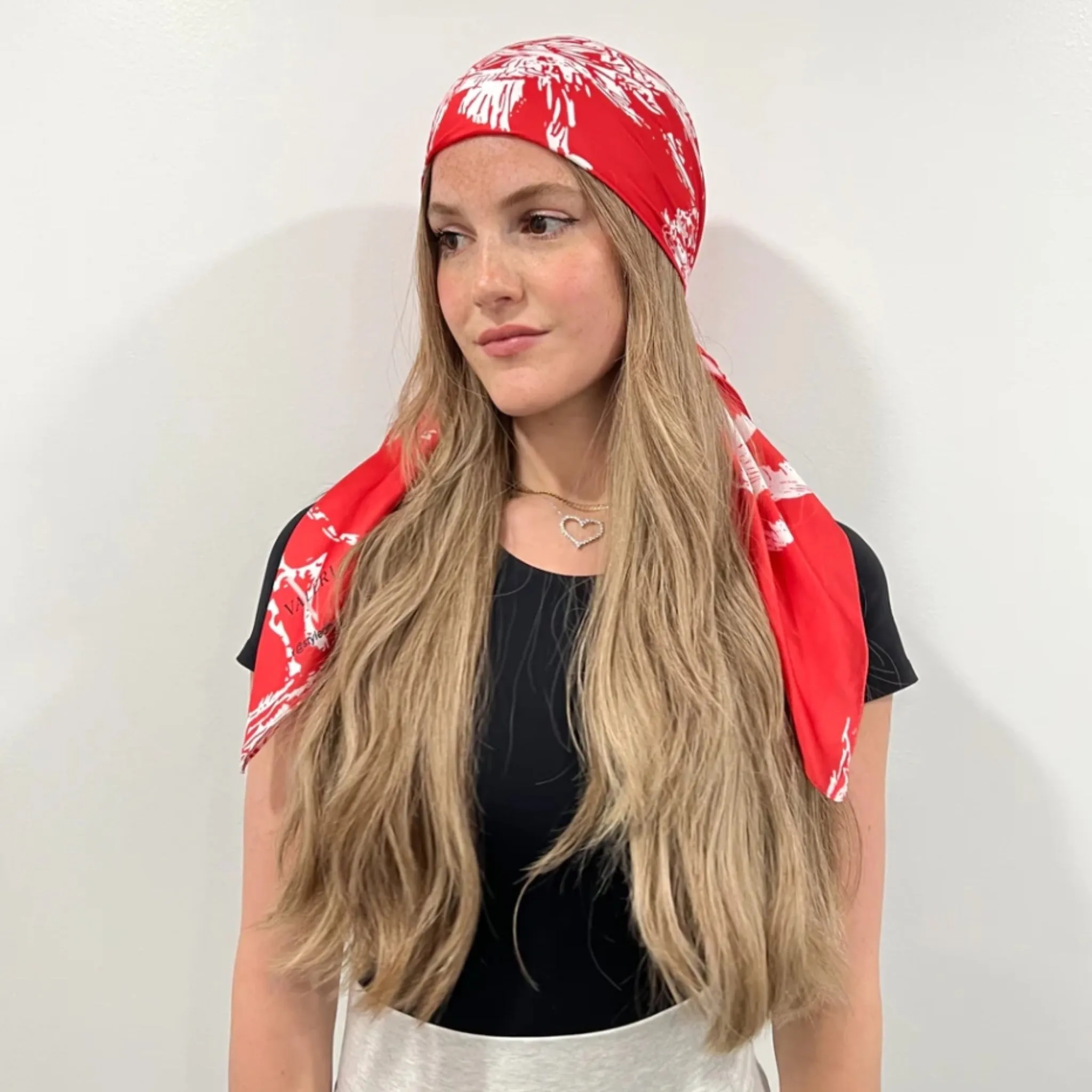 Red Satin Open Square Headscarf by Valeri