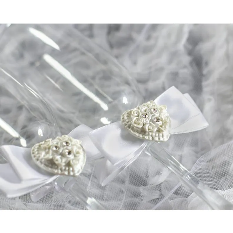 Rhinestone Pearlized Heart Rose Bouquet Wedding Toasting Glasses