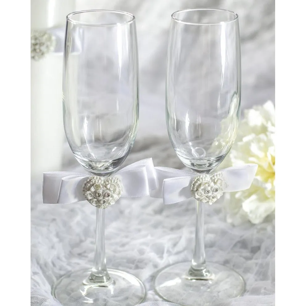 Rhinestone Pearlized Heart Rose Bouquet Wedding Toasting Glasses