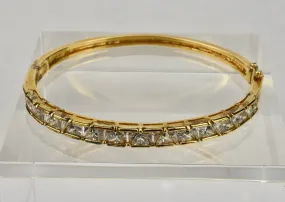 Ross-Simons - Gold Tone Sterling Silver Hinged Bangle with Trillion Cut CZ