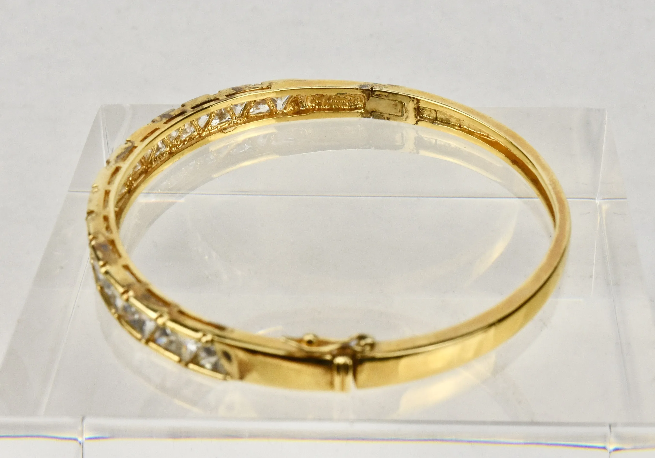 Ross-Simons - Gold Tone Sterling Silver Hinged Bangle with Trillion Cut CZ