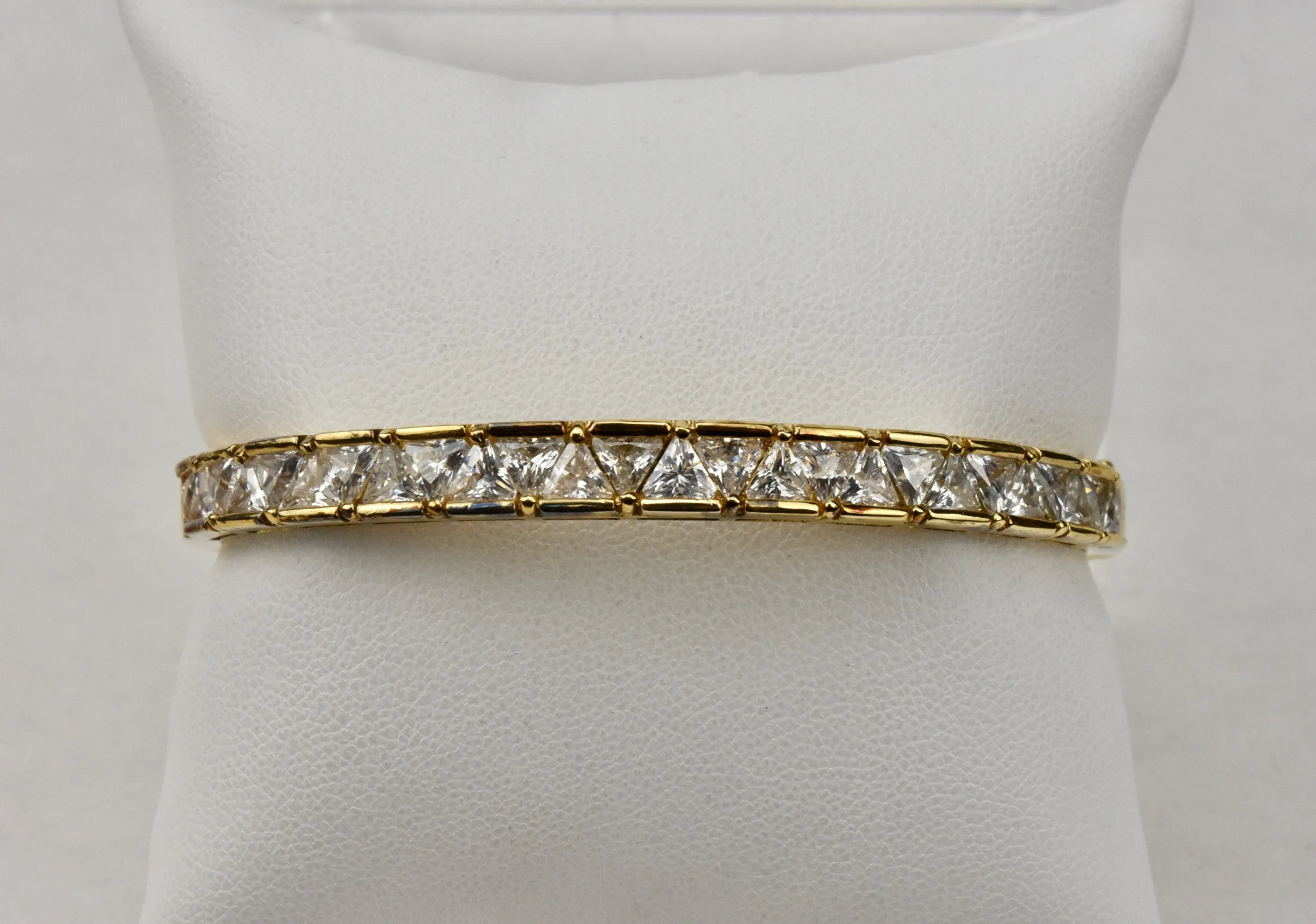 Ross-Simons - Gold Tone Sterling Silver Hinged Bangle with Trillion Cut CZ