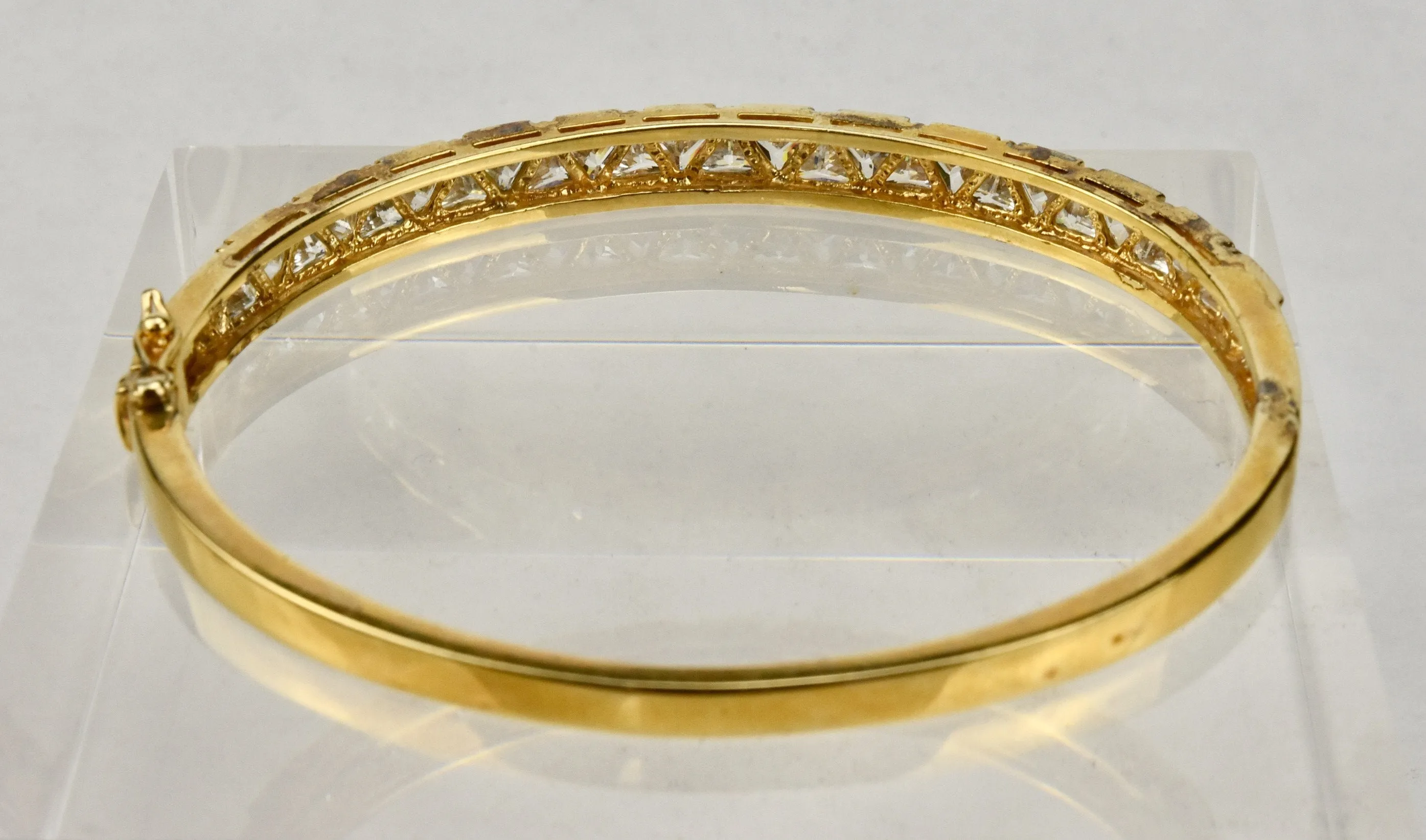 Ross-Simons - Gold Tone Sterling Silver Hinged Bangle with Trillion Cut CZ