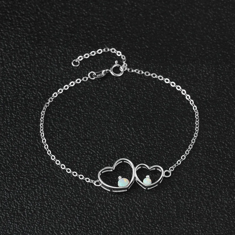 Round Opal Double Hollow Heart Shape Sterling Silver Bracelet