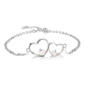 Round Opal Double Hollow Heart Shape Sterling Silver Bracelet