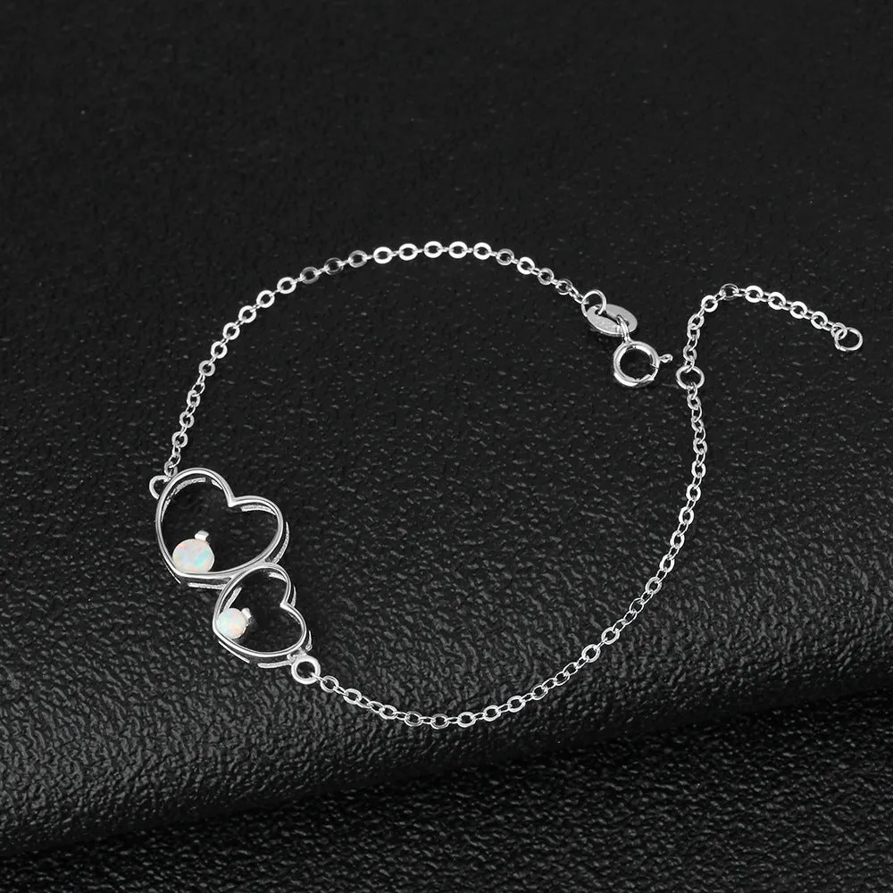 Round Opal Double Hollow Heart Shape Sterling Silver Bracelet