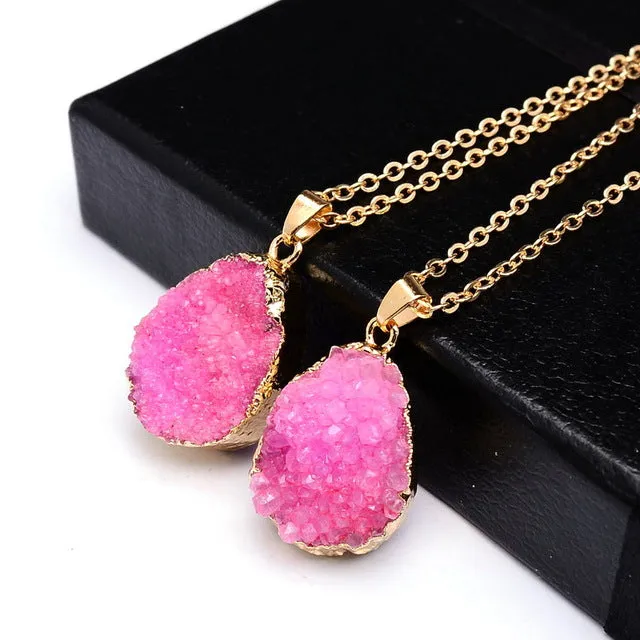 SEDmart Druzy Quartz Natural Stone Irregular Geode  Gold Color Raw nyx Stone Pendant Necklace For Women Quartz Necklace