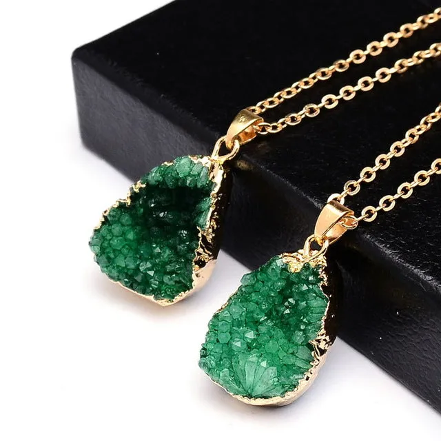 SEDmart Druzy Quartz Natural Stone Irregular Geode  Gold Color Raw nyx Stone Pendant Necklace For Women Quartz Necklace