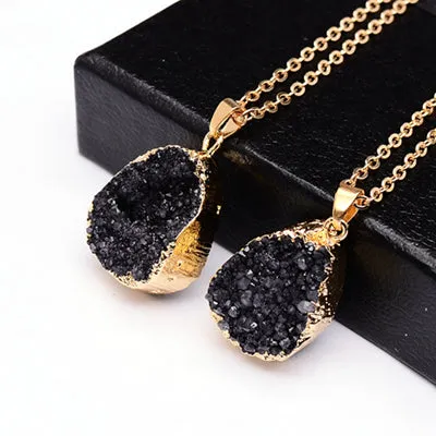 SEDmart Druzy Quartz Natural Stone Irregular Geode  Gold Color Raw nyx Stone Pendant Necklace For Women Quartz Necklace