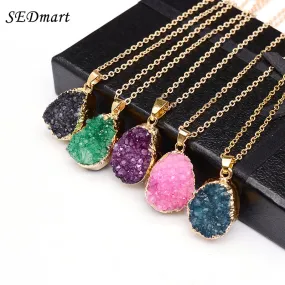 SEDmart Druzy Quartz Natural Stone Irregular Geode  Gold Color Raw nyx Stone Pendant Necklace For Women Quartz Necklace