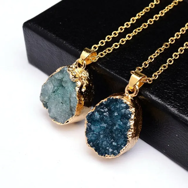 SEDmart Druzy Quartz Natural Stone Irregular Geode  Gold Color Raw nyx Stone Pendant Necklace For Women Quartz Necklace