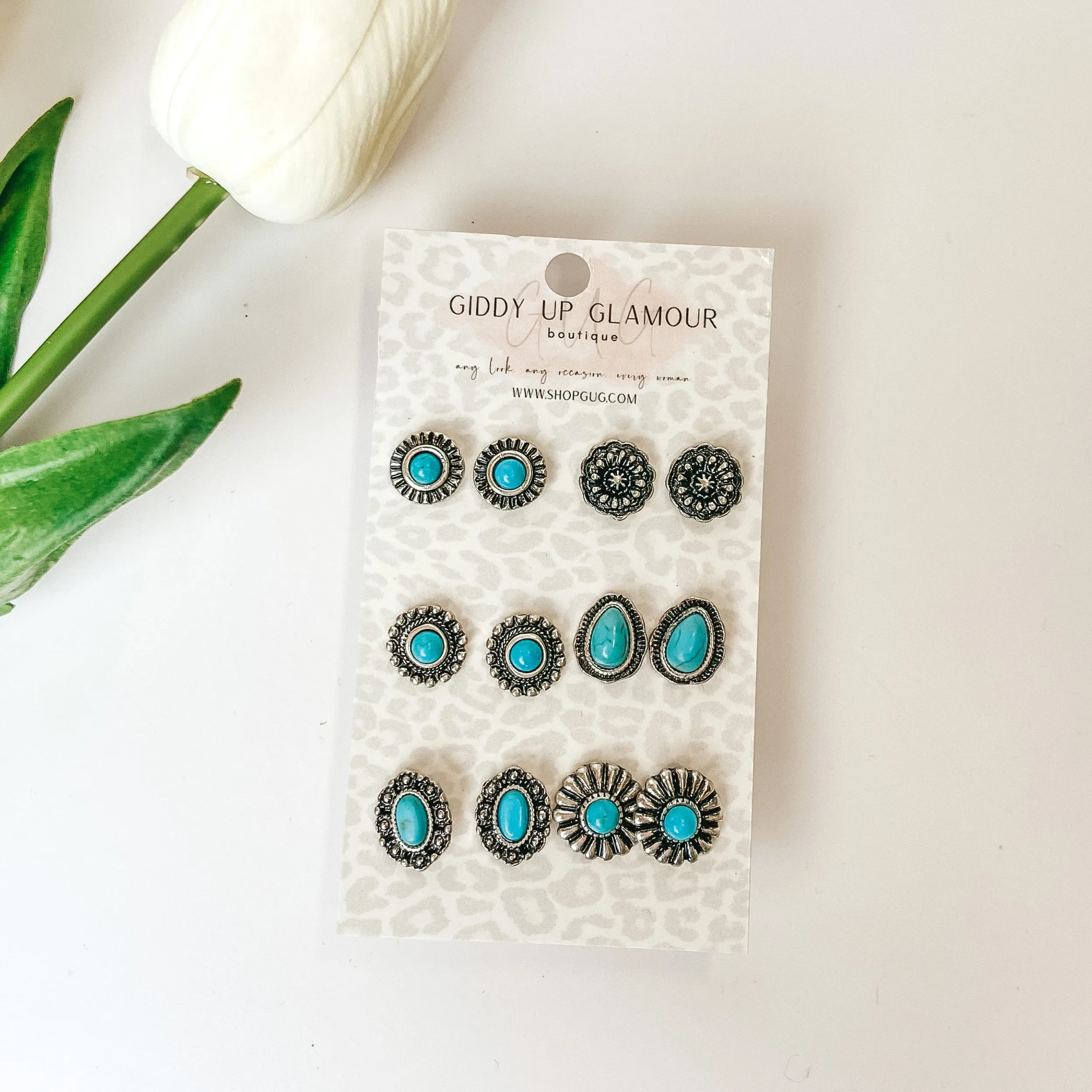 Set Of Six | Small Turquoise and Silver Designed Studs