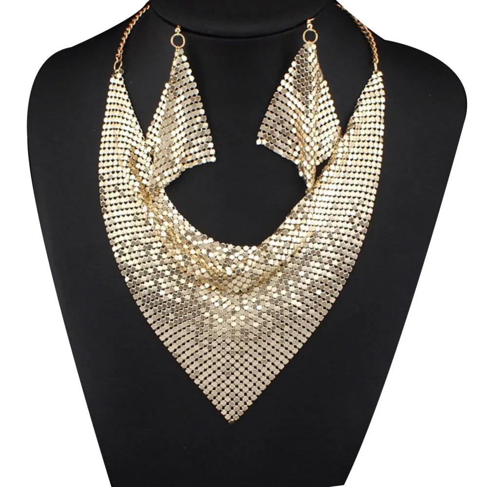 Set Statement Bib Necklace Earrings Women Triangular Scarf Sequins Charm