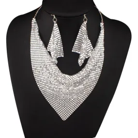 Set Statement Bib Necklace Earrings Women Triangular Scarf Sequins Charm