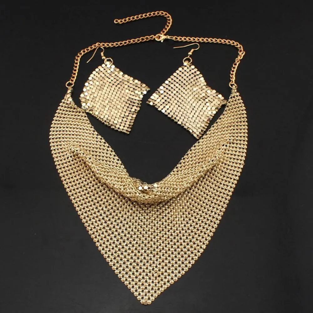 Set Statement Bib Necklace Earrings Women Triangular Scarf Sequins Charm