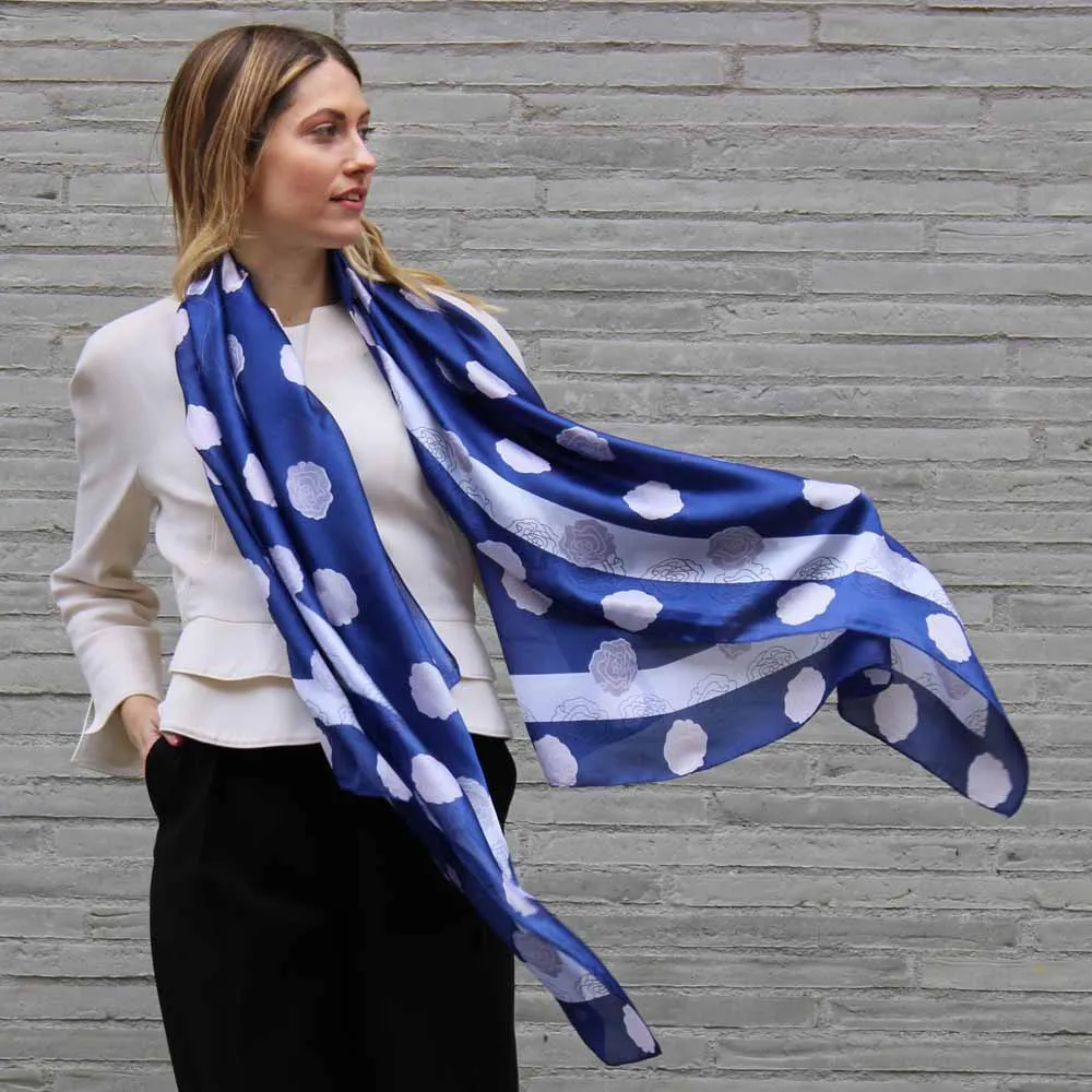 Silk Scarf In Navy Blue And White Floral