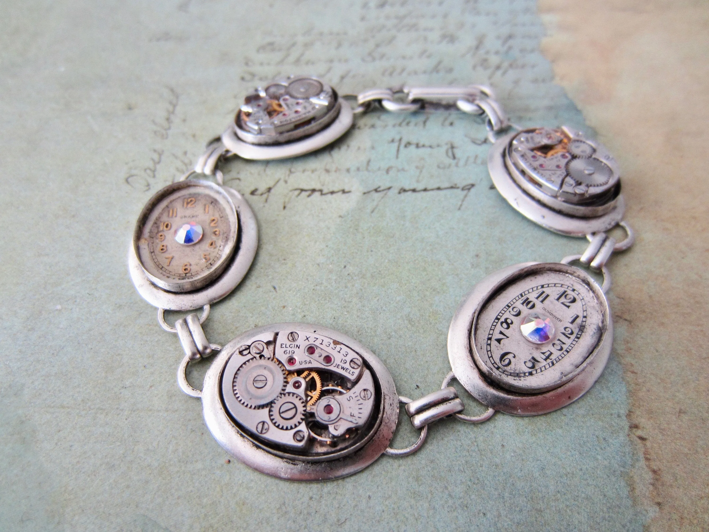 Silver Bracelet - One of a kind - Steampunk Jewelry - In the Works - Steampunk watch parts charm bracelet for her