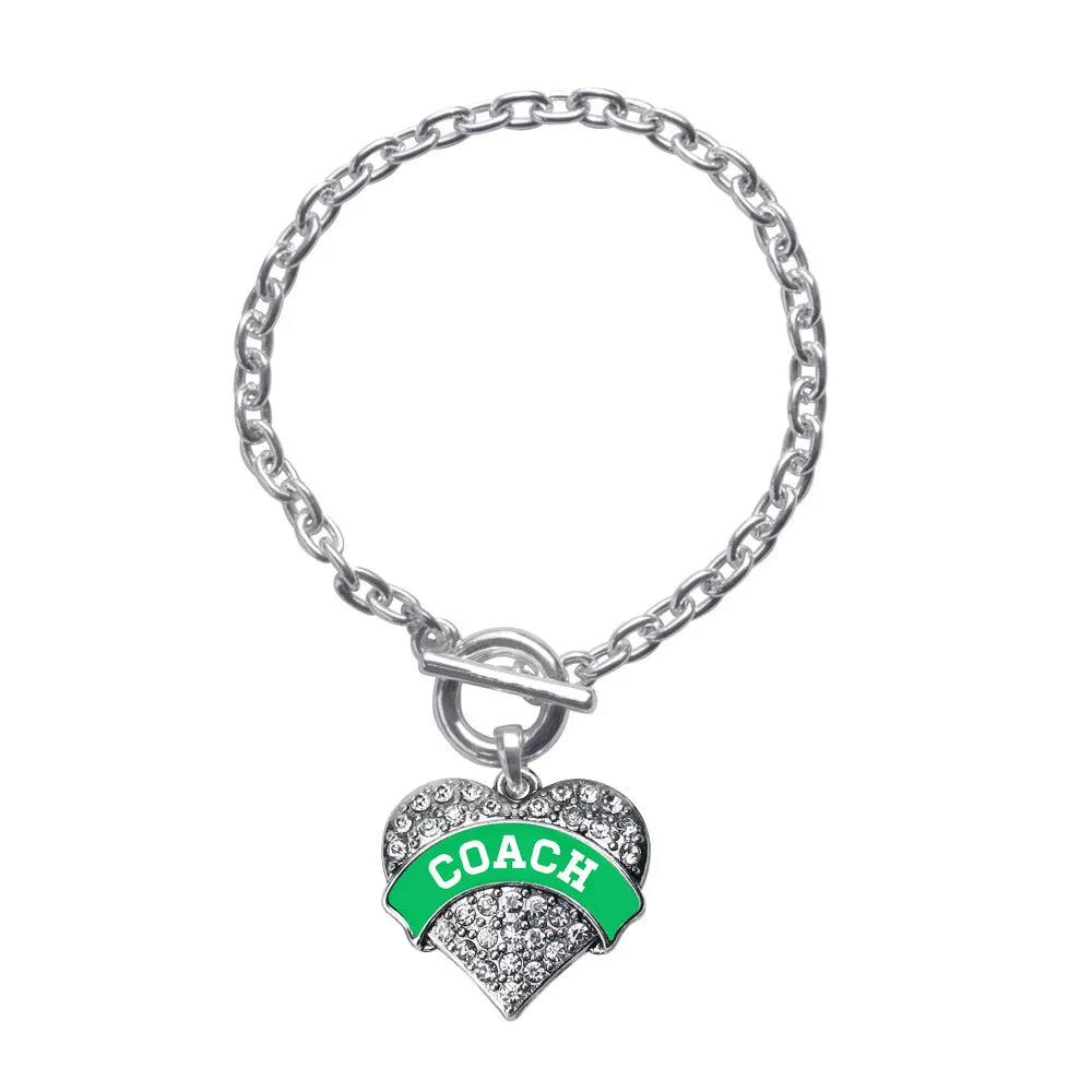 Silver Coach - Emerald Green and White Pave Heart Charm Toggle Bracelet