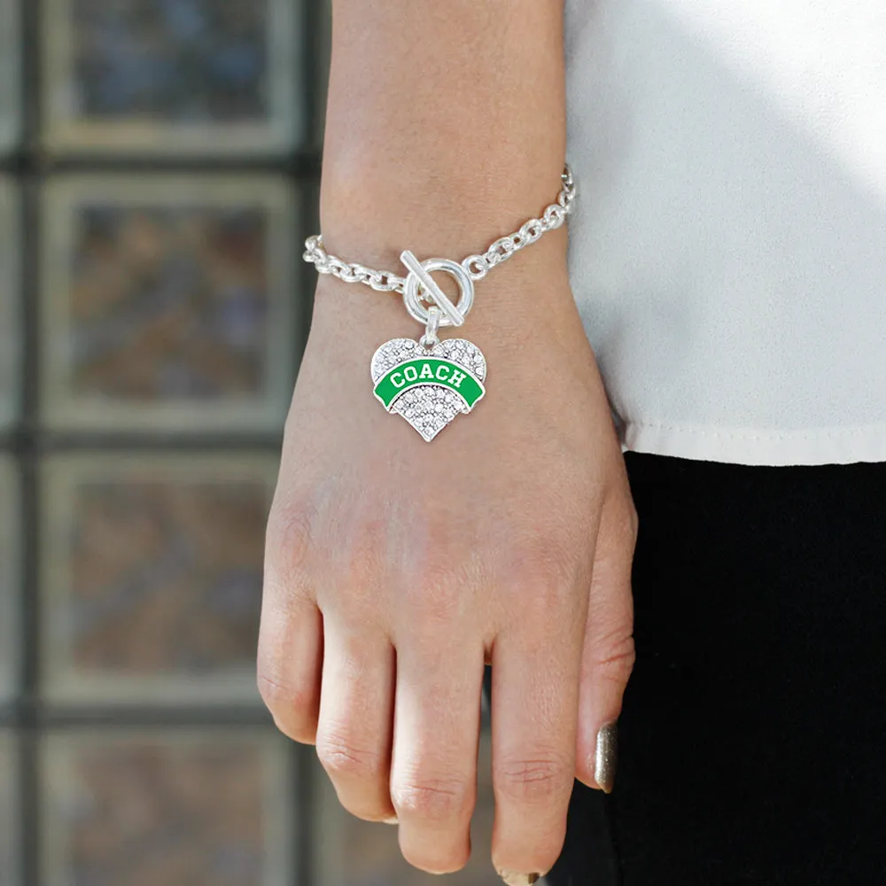 Silver Coach - Emerald Green and White Pave Heart Charm Toggle Bracelet