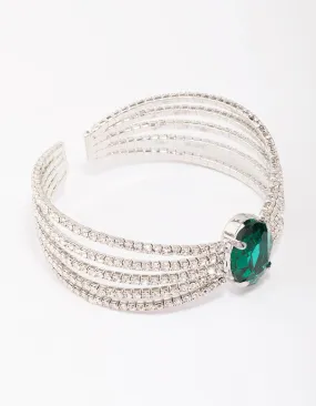 Silver Diamante Emerald Open Wrist Cuff