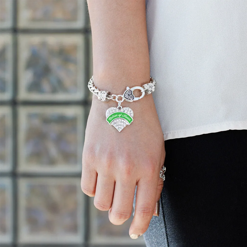 Silver Emerald Green Matron Pave Heart Charm Braided Bracelet