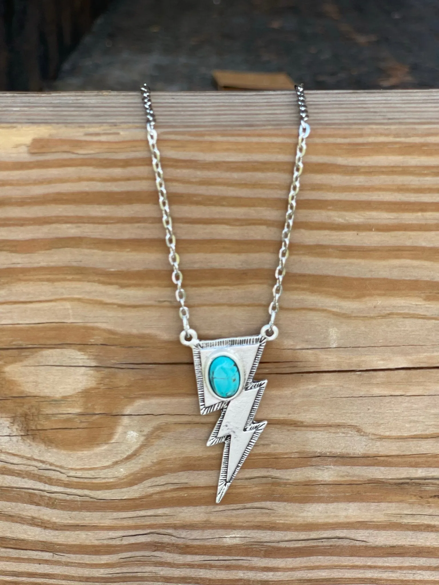 Silvertone Bolt Necklace with Turquoise Stone